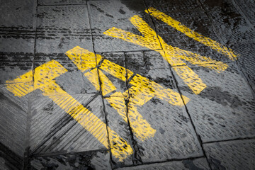 Yellow taxi sign on the road, place for taxis, close up traffic sign in italy for taxi on the...