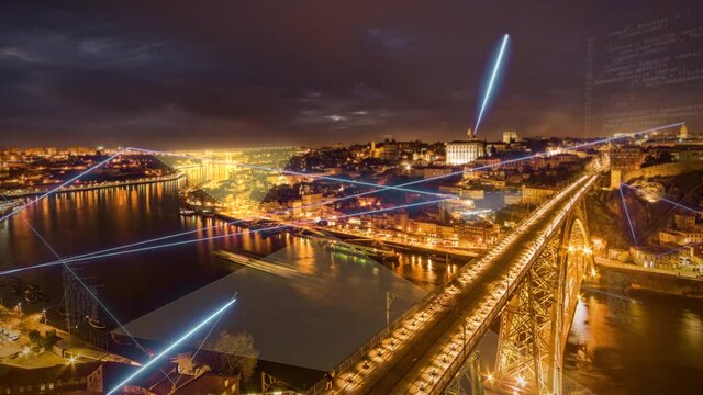 Smart City Communication 5G network concept. Wireless communication. Society and technology. Digital transformation timelapse Cityscape with abstract light trails.