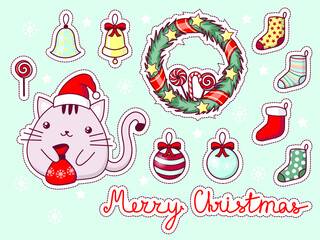 Christmas stickers with kawaii kitty. Cute christmas and Happy New Year elements. Vector illustration. 