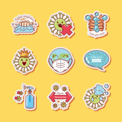 coronavirus covid 19 icons set, prevention measures sticker icon