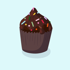 Illustration of a cupcake with cherries, cream, nuts, berries, chocolate and fruit filling. Cupcakes eps10 illustration. Birthday sweets.