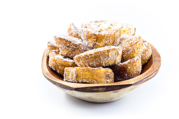 Dessert of bread known as golden slice, slice of lamb, french toast, Eggy bread, French toast, “Pain Perdu”. Isolated white background