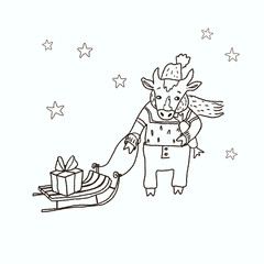 Bull with sledges and gifts, in a hat, sweater and pants. New Year symbol.