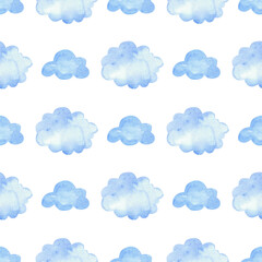 Watercolor pattern with blue clouds. Seamless background elements on white.