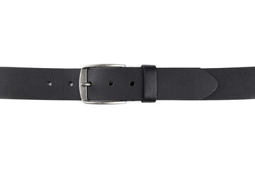 Fastened fashionable men's leather belt with dark matted metal buckle isolated on white background. Black belt for men. Black leather belt for trousers and jeans. Male accessory. 