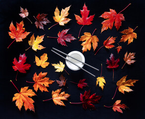 Acer maple leaves with autumn colour multi coloured with white chines bowl and chopsticks on a...