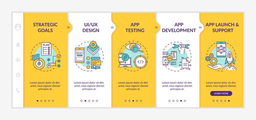 Mobile app development process onboarding vector template. Strategic development goals. App testing process. Responsive mobile website with icons. Webpage walkthrough step screens. RGB color concept