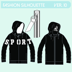 Oversized cotton-fleece hoodie technical fashion illustration with pocket, relaxed fit, long sleeves. Flat outwear jumper apparel template front back white color. Women, men, unisex sweatshirt top CAD