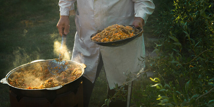 hot fragrant delicious pilaf cooked in nature