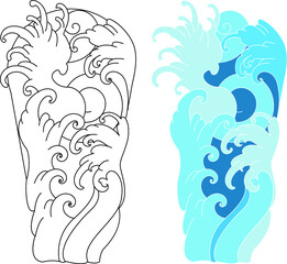 Ocean wave tattoo. a set of Japanese wave Tattoo.water splash and Japanese ocean for tattoo.Line Thai wave tattoo.Japanese wave vector set and thai style.