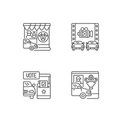 Drive in services linear icons set. Dairy store. Milk supermarket. Movie theater. Drive through lane. Customizable thin line contour symbols. Isolated vector outline illustrations. Editable stroke