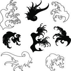 Ocean wave tattoo. a set of Japanese wave Tattoo.water splash and Japanese ocean for tattoo.Line Thai wave tattoo.Japanese wave vector set and thai style.