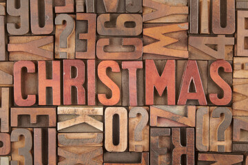 Christmas word in vintage letterpress wooden blocks
