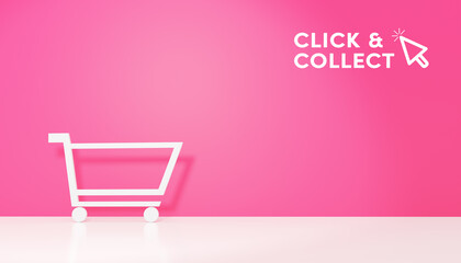 Click and Collect concept. E-commerce click and collect online ordering service symbol. Shopping bag. Shopping cart. Pickup location. 3D Render. © PhotoGranary