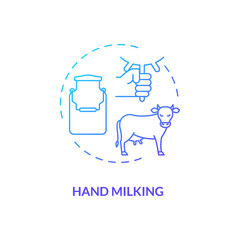 Hand milking blue gradient concept icon. Manual squeeze cow udder. Lactose farm product. Dairy industry production idea thin line illustration. Vector isolated outline RGB color drawing