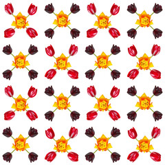 Decorative floral pattern with yellow and black tulips on light green background