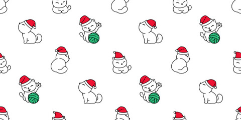 cat seamless pattern Christmas Santa Claus hat kitten yarn ball vector cartoon repeat wallpaper tile background scarf isolated illustration doodle design