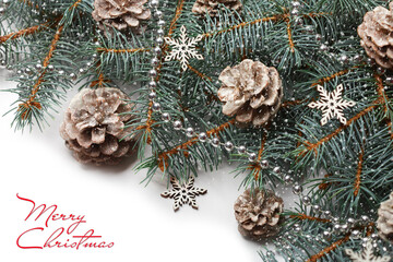 Obraz na płótnie Canvas Christmas tree is not a white background. Christmas background with xmas tree. Merry christmas card. Winter holiday theme. Happy New Year. Space for text. Happy Holidays 