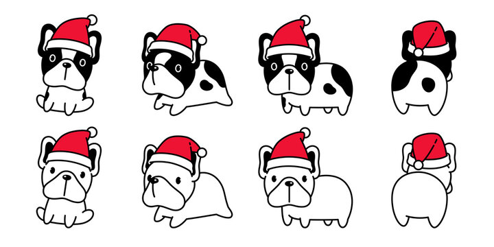 dog vector Christmas french bulldog Santa Claus hat icon puppy pet cartoon character symbol scarf illustration doodle design