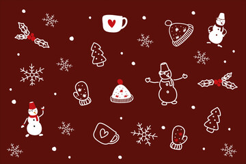 Christmas banner drawn by hand, white figures on a red background.