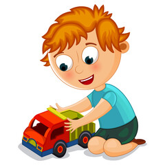 Obraz na płótnie Canvas Little boy playing with toy truck vector illustration