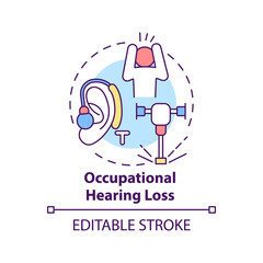 Occupational hearing loss concept icon. Occupational sickness. Problems with ears while working idea thin line illustration. Vector isolated outline RGB color drawing. Editable stroke
