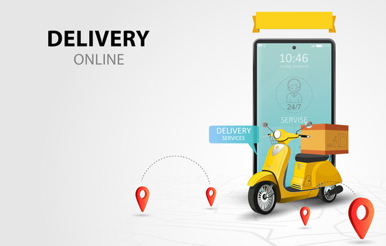 Online Delivery Service By Scooter. Shopping Website On A Mobile. Food Order Concept. Web Banner, App Template. Vector Illustration