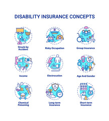 Disability insurance concept icons set. Struck by accident. Risky occupation. Group insurance. Income idea thin line RGB color illustrations. Vector isolated outline drawings. Editable stroke