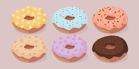 Colorful glazed donut. Donuts vector set. Beautiful hand made donut vector illustration. Donut for your design. Chocolate, blue, purple and lemon icing with powder.