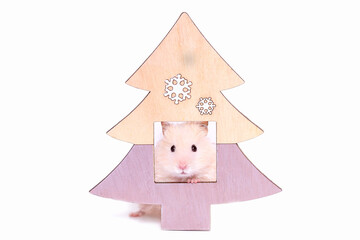 Hamster and Christmas tree on isolated white background