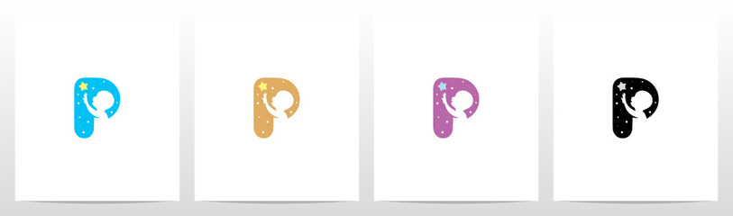 Child Reaching Star Letter Logo Design P - obrazy, fototapety, plakaty