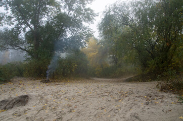 Autumn beach landscape in fog by the river