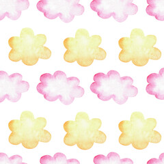 Watercolor seamless pattern with pink and yellow clouds. Illustration for baby girls.