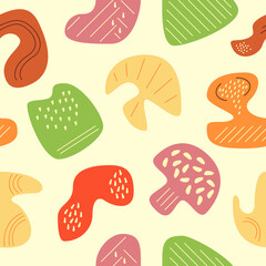 Dried colorful mushrooms abstract seamless pattern. Fall season. Geometric flat vector shapes. Foraging in autumn texture with cartoon color icons. Decorative boho design with graphic elements