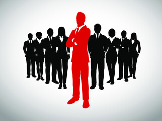 Leader in front of his large team of successful executives. A large team of successful executives in silhouettes led by a great  bold, daring leader in red who stands in front of them.