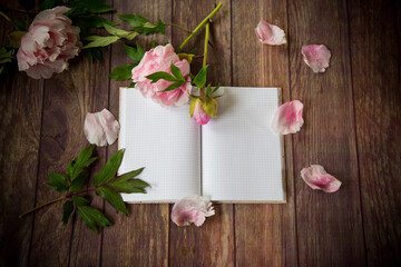 pink blooming peonies on a detailed blank notebook