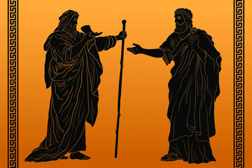 Two elders in ancient Greek clothes drink wine from the horn and talk.