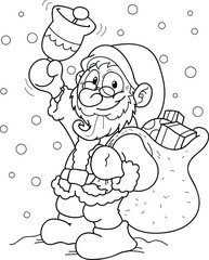 Coloring page outline of cartoon smiling cute Santa Claus with gifts. Colorful vector illustration, winters coloring book for kids.