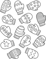 Coloring page outline of cartoon set of mittens. Colorful vector illustration, winters coloring book for kids.