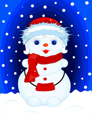 Snowman-a girl in a red hat, scarf. Blue, snowflakes. Vector