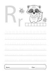 Fototapeta na wymiar Writing practice letter R printable worksheet for preschool.Exercises for little children.Vector illustration.