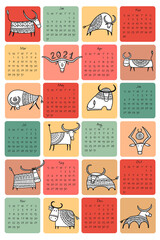 Funny bulls calendar design. Symbol of new year 2021. Bull, ox, cow