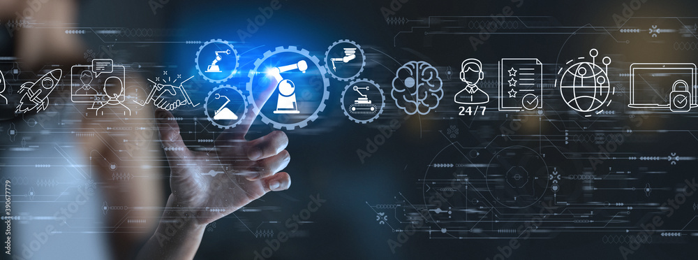 Poster Woman Engineer hand using digital computer and checking icon robotics automatic arms machine. Augmented reality in intelligent factory  industrial with monitoring system software.