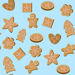Seamless pattern with Christmas gingerbread, chocolate chip cookies with frosting in the form of snowflakes
