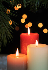 Lit candles with pines in snow on black background.
