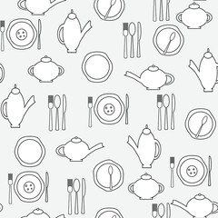 Fototapeta na wymiar Seamless pattern of tea ware, sugar bowl, teapot, plate, spoon, fork, knife