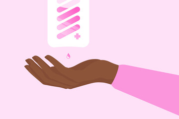 Woman's hand placed under automatic contactless hand sanitizer dispenser. Taking care of hand hygiene to prevent viral transmission. Modern vector illustration with copy space.