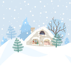 Vector illustration of a snow house in the forest. Christmas. House with tree and snowflakes for cute postcards, logo, invitations, greeting cards, business cards.