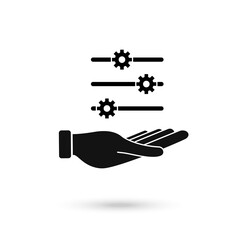 Hand settings gear icon isolated on white background. Adjusting, service, maintenance, repair, fixing.