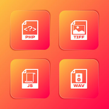 Set PHP file document, TIFF, JS and WAV icon. Vector.